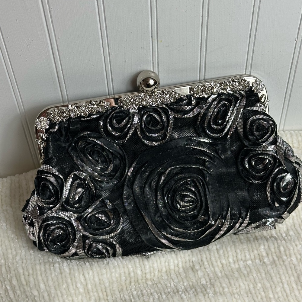 Black And Silver Rose Pattern Evening Clutch By I… - image 1